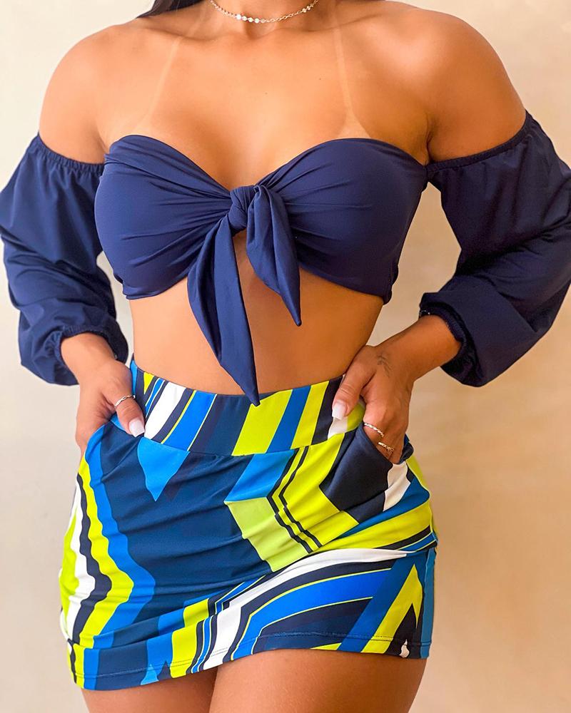

Tied Detail Off Shoulder Top & Allover Print Skorts Set, Blue