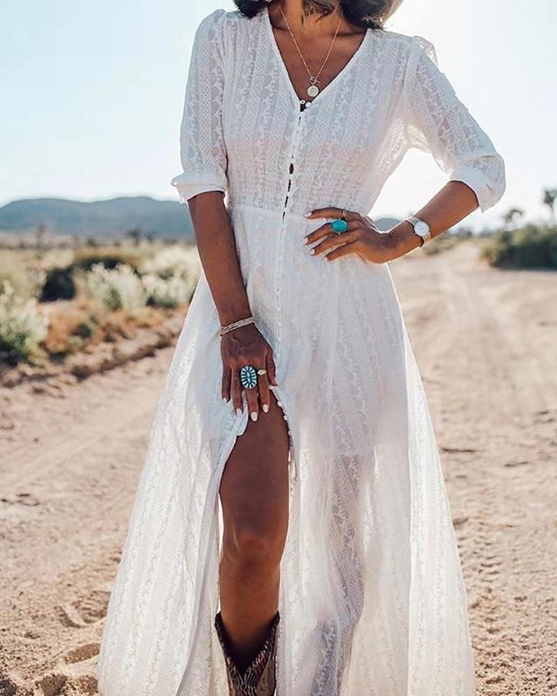 

V Neck Button Design Lace Slit Cover Up Dress, White