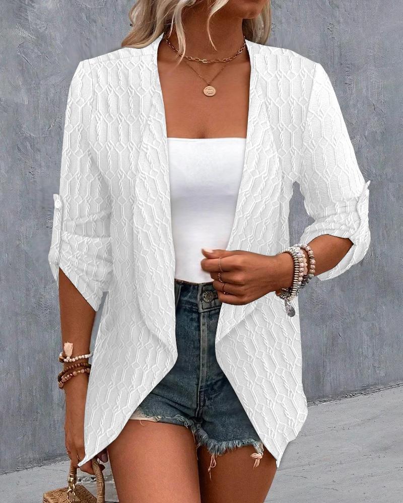 

Roll Up Sleeve Open Front Cable Textured Coat, White