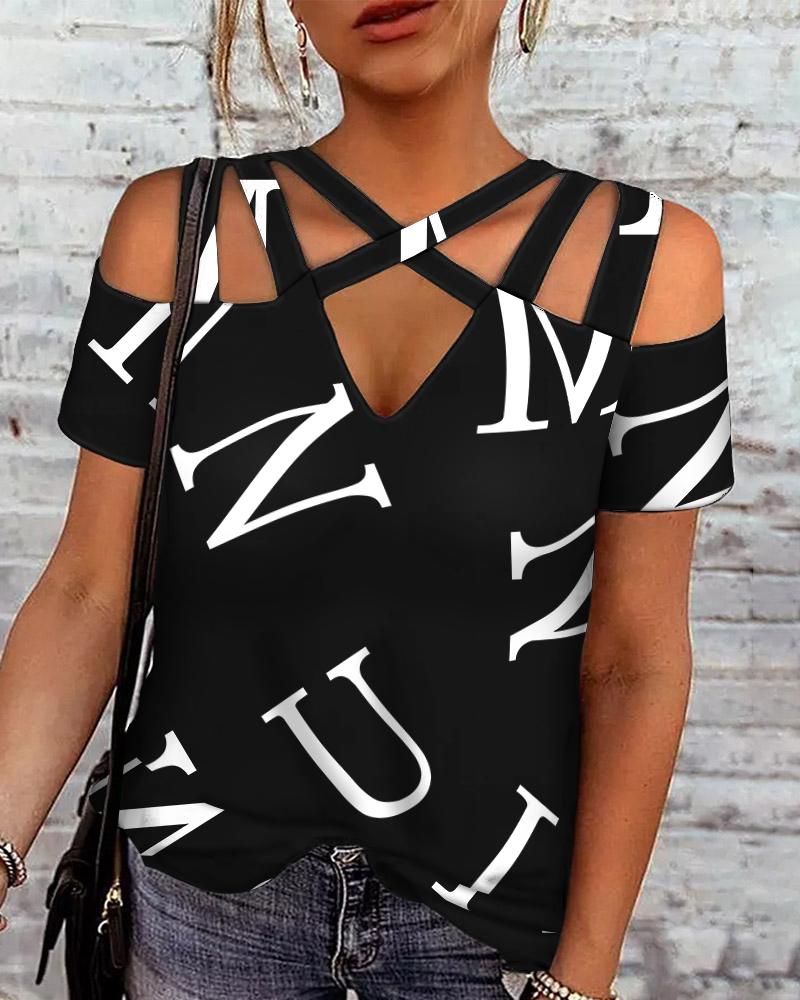 

Letter Print Multi-Strap Cold Shoulder Top, Black