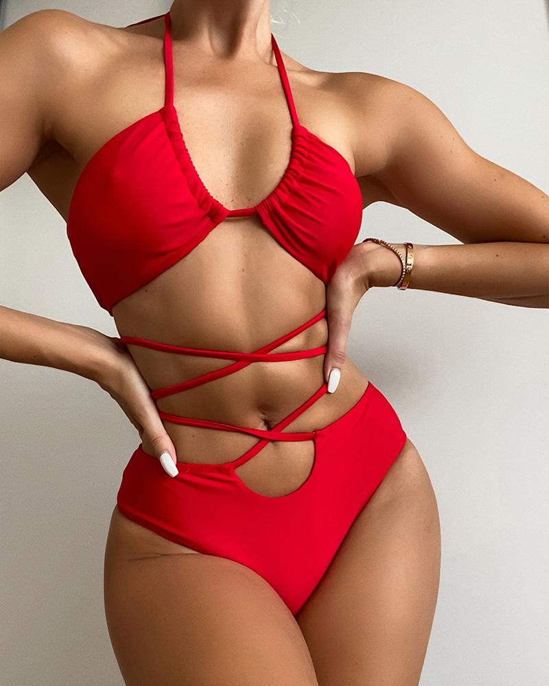 

Bandage Cutout Tied Detail Halter Bikini Set, Red