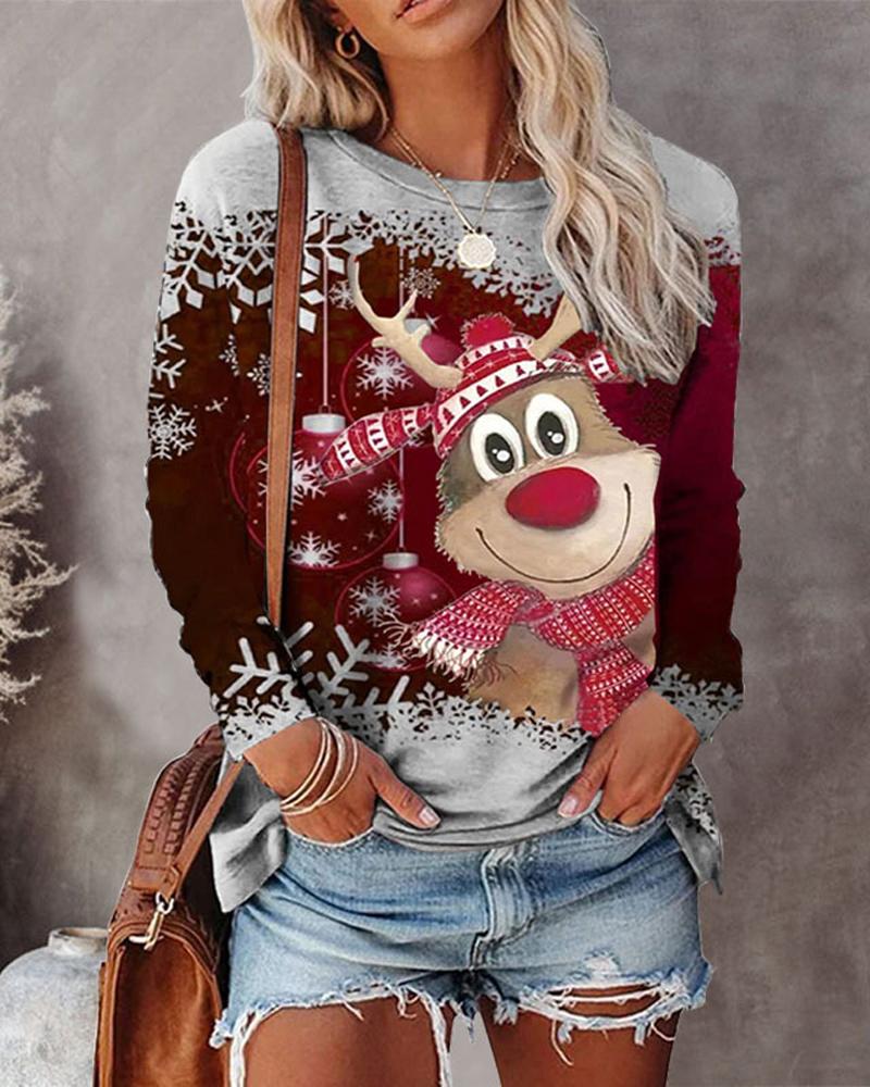 

Christmas Snowflake Elk Print Long Sleeve Casual Top, Wine red