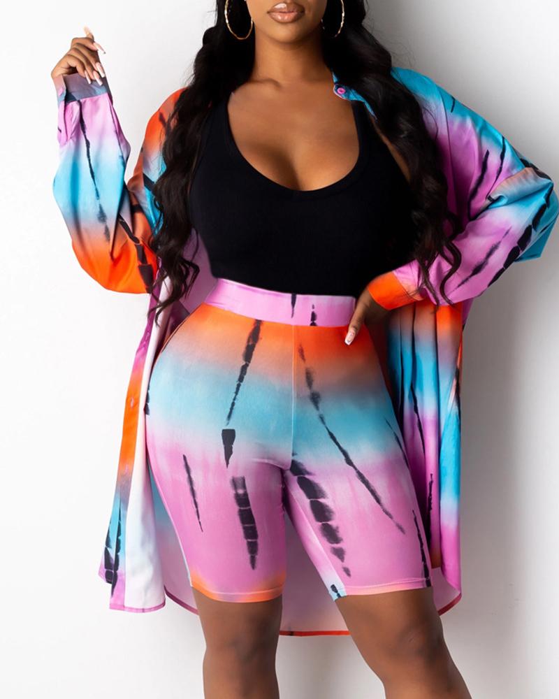 

Mixed Tie Dye Print Colorblock Shorts & Long Sleeve Shirt Set, Purple