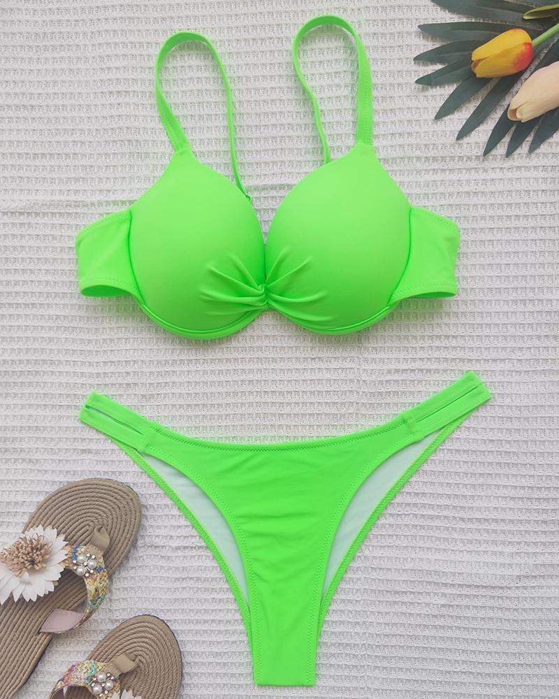 

Spaghetti Strap Ruched Bikini Set, Green