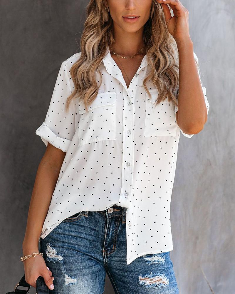 

Polka Dot Print Short Sleeve Pocket Design Shirt, White