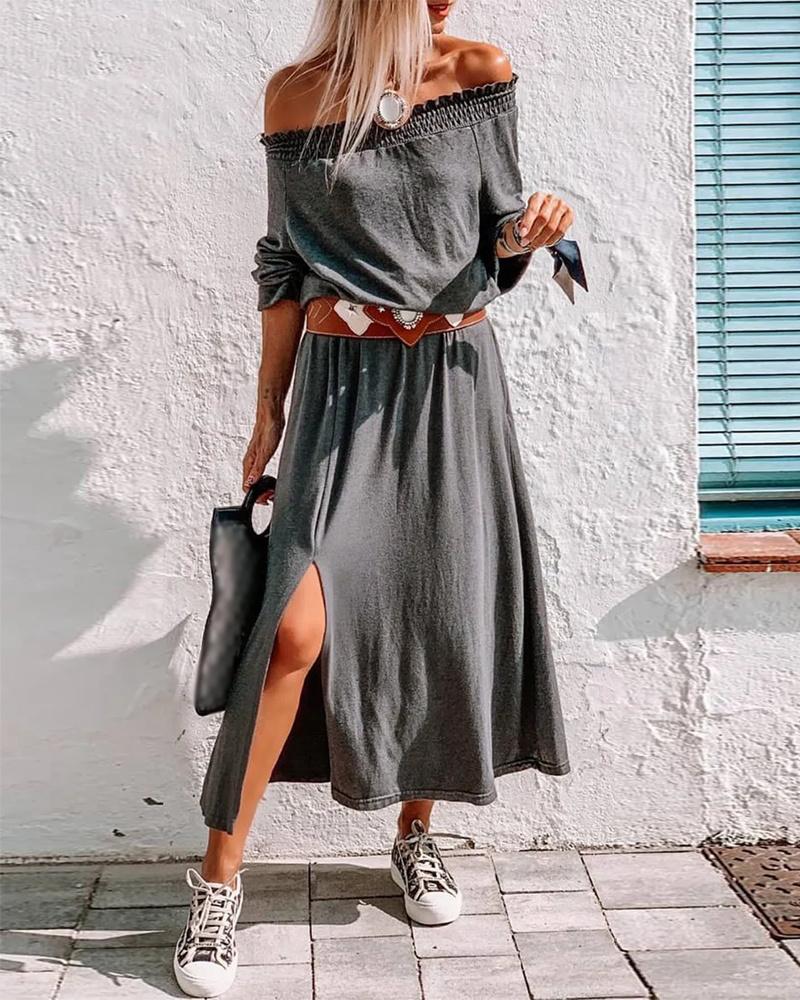 

Shirred Off Shoulder Split Hem Casual Dress, Gray