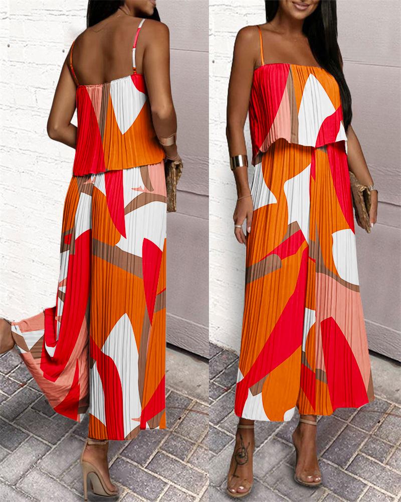 

Colorblock Ruffle Hem Pleated Wide Leg Jumpsuit, Orange
