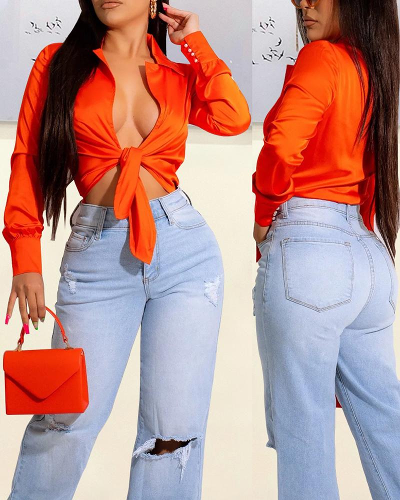 

Tied Detail Long Sleeve Cutout Bodysuit, Orange