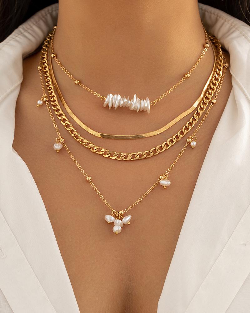 

4pcs Pearls Pendant Chain Multi-layer Necklace Set, White