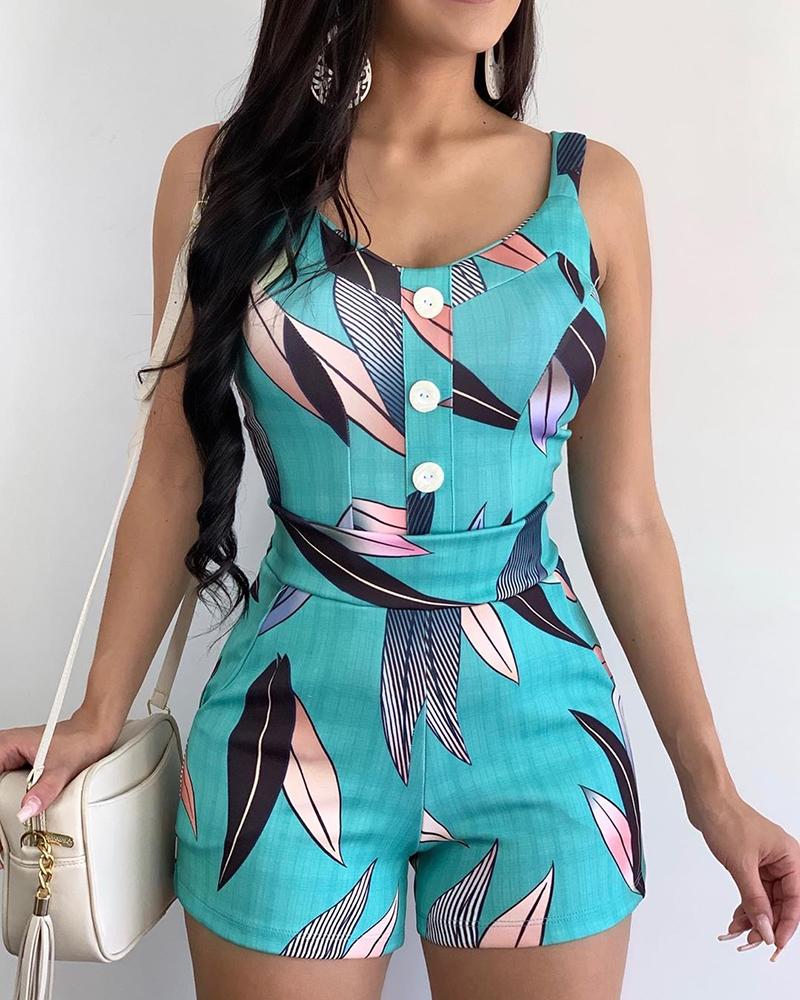 

Thin Strap Leaf Print Buttoned Romper, Blue
