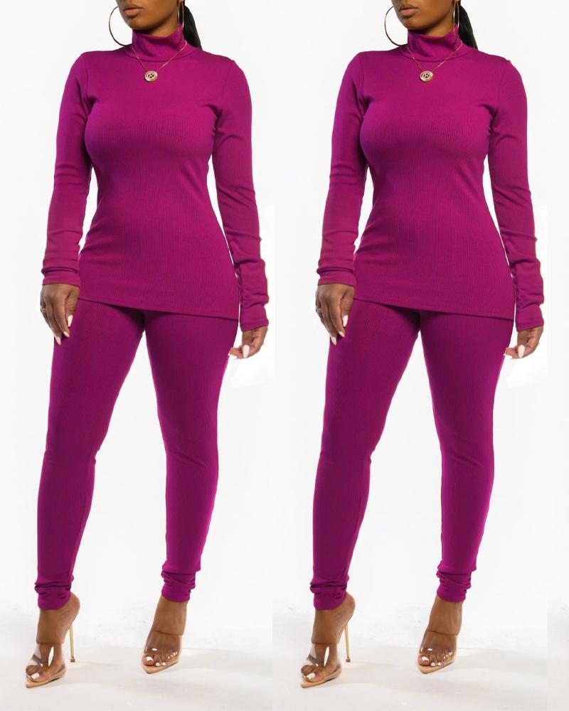 

Long Sleeve High Neck Top & Pants Set, Hot pink