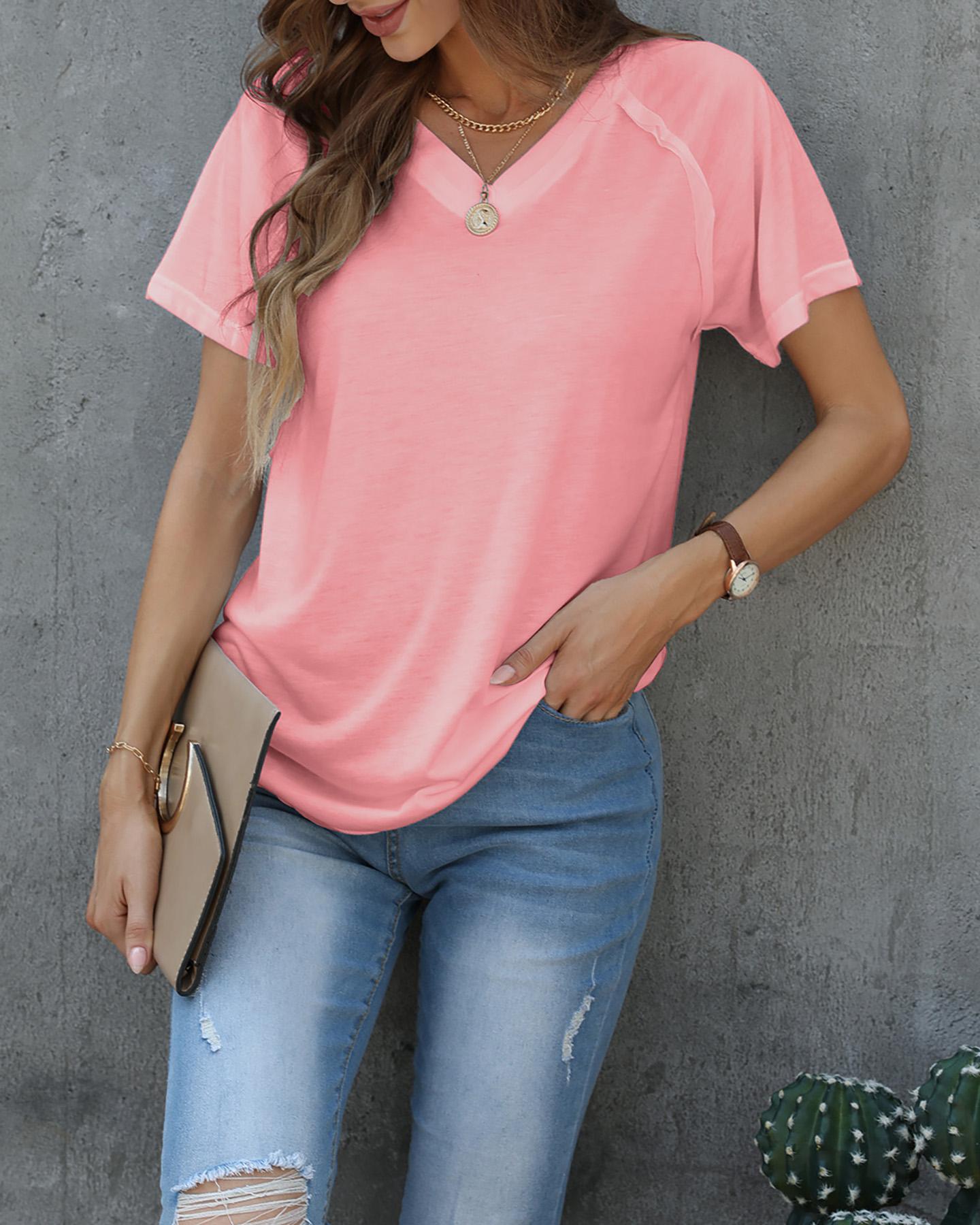 

V-neck Plain Short Sleeve Casual T-shirt, Pink