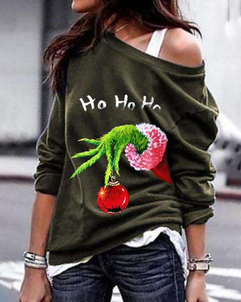 

Christmas Letter Grinches Print Long Sleeve Sweatshirt, Army green
