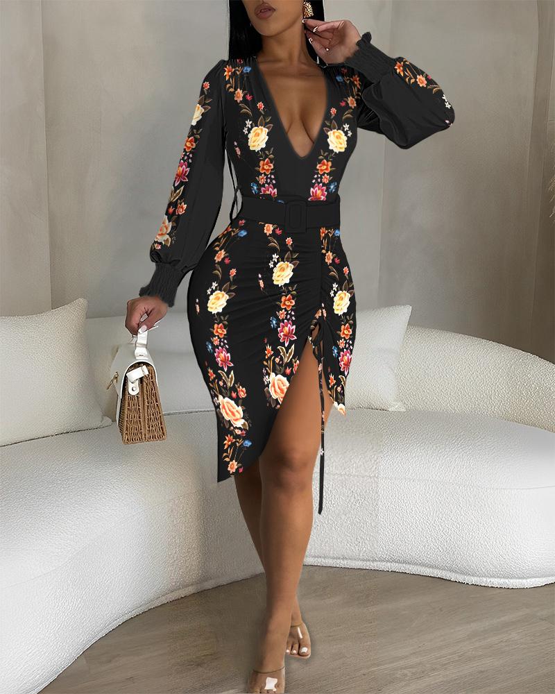 

Floral Print Plunge Slit Drawstring Midi Dress, Black