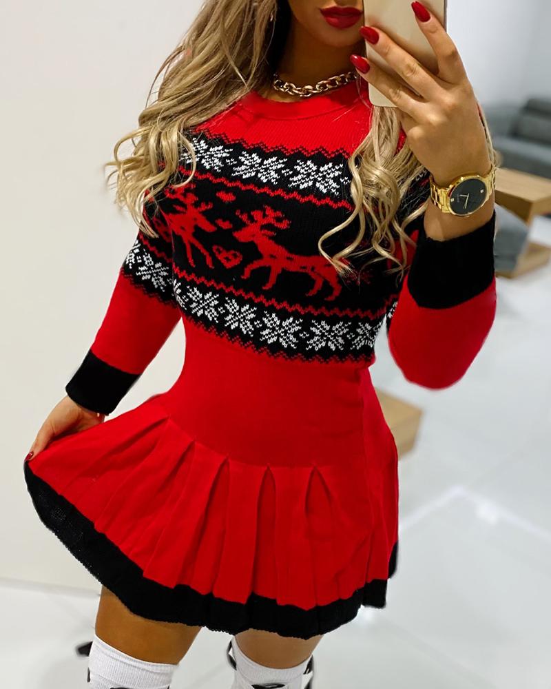 

Christmas Reindeer Print Long Sleeve Pleated Dress, Red