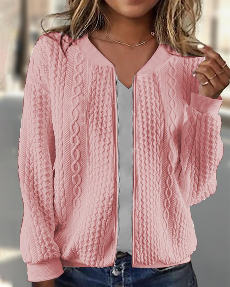 

Cable Textured Zipper Design Bomber Jacket, Pink