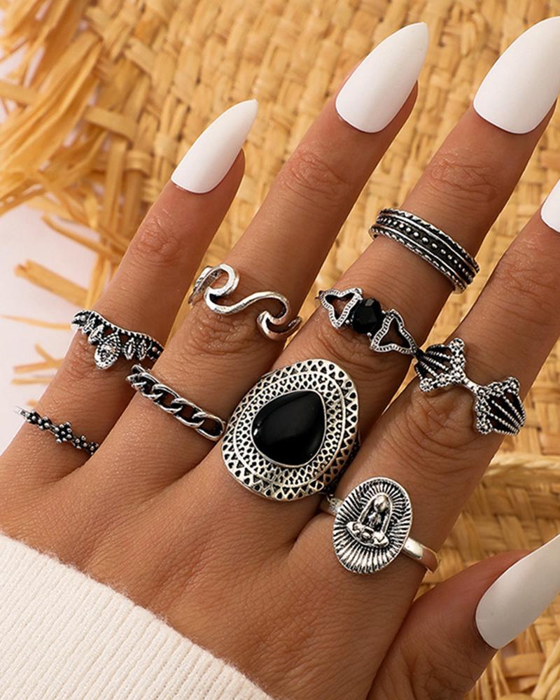 

9pcs Vintage National Style Geometrical Hollow Rings Set, Black