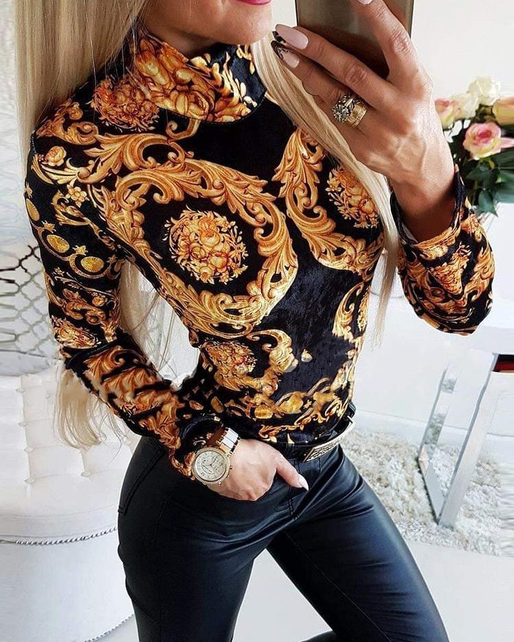 

Retro Print High Neck Form Fitted Women Blouse, Dark yellow