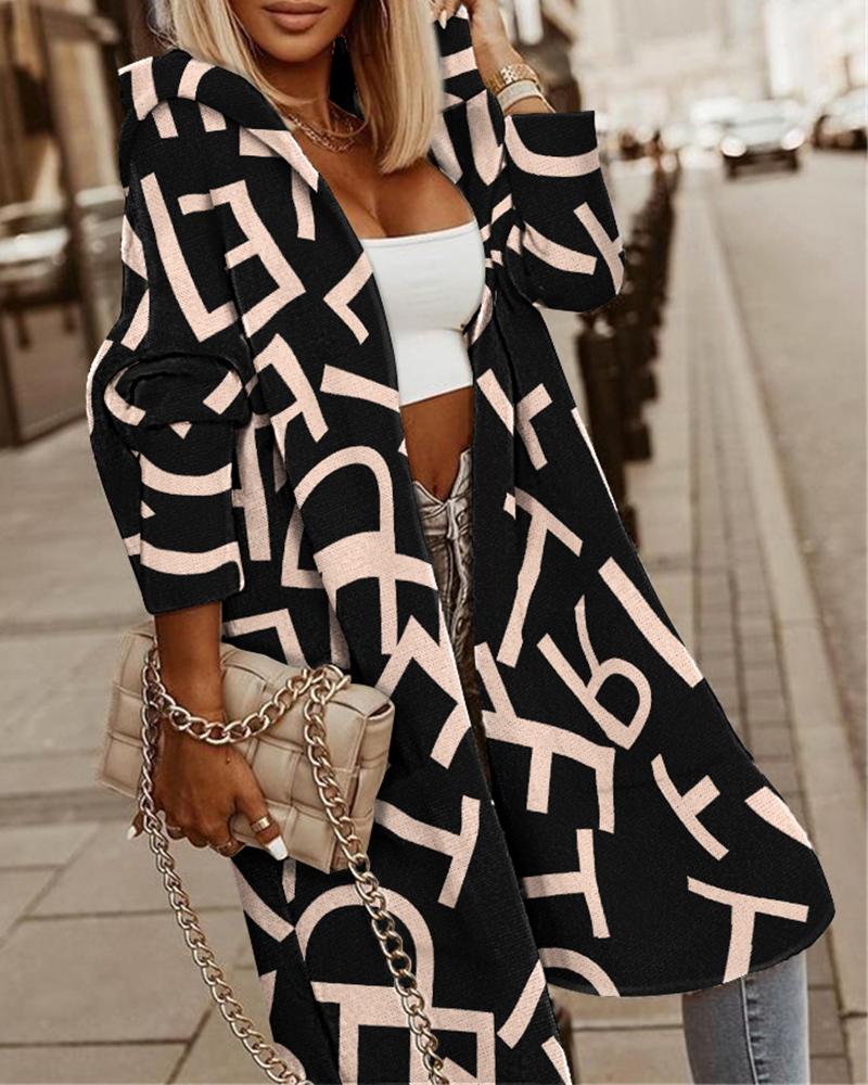 

Letter Print Longline Hooded Knit Cardigan, Black