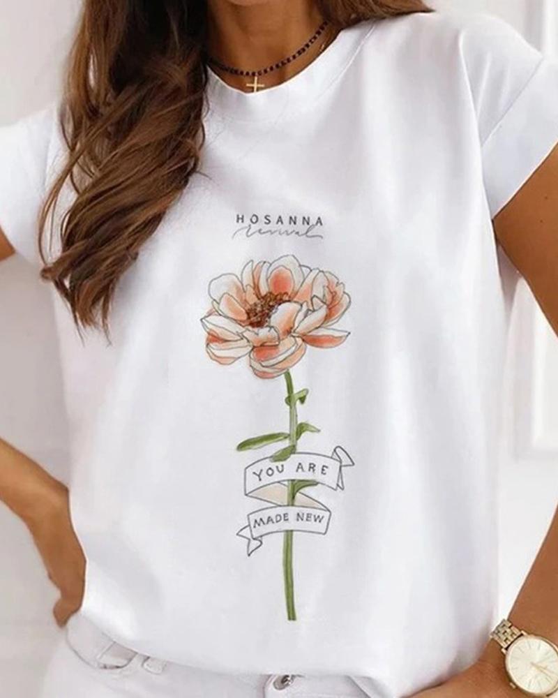 

Floral Letter Print Casual T-shirt, White