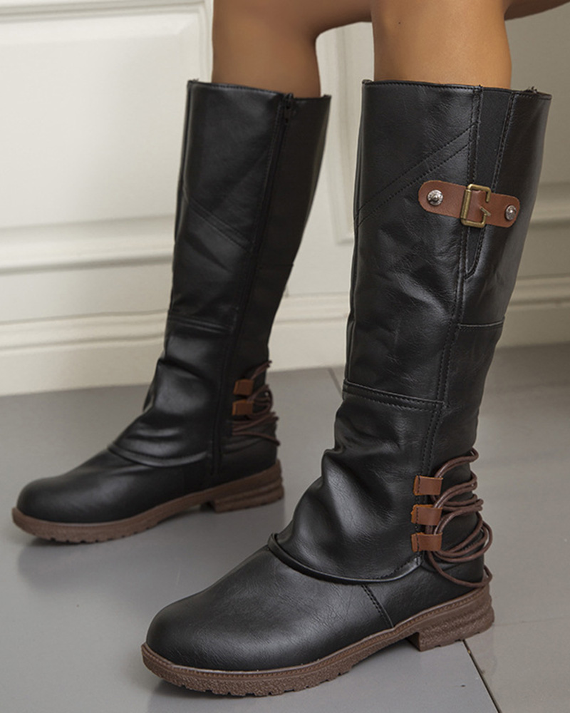 

Buckled Round Toe Side Zipper Boots, Black