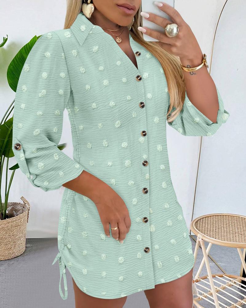 

Vestido de camisa de chiffon com gola alta e manga comprida, estilo casual, com botões, minivestido, Light green