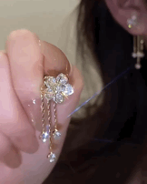 

1Pair Rhinestone Floral Pattern Tassel Drop Earrings, Silver