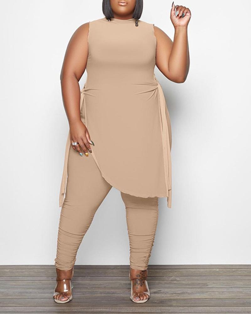 

Plus Size Tied Detail Asymmetrical Top & Ruched Pants Set, Khaki