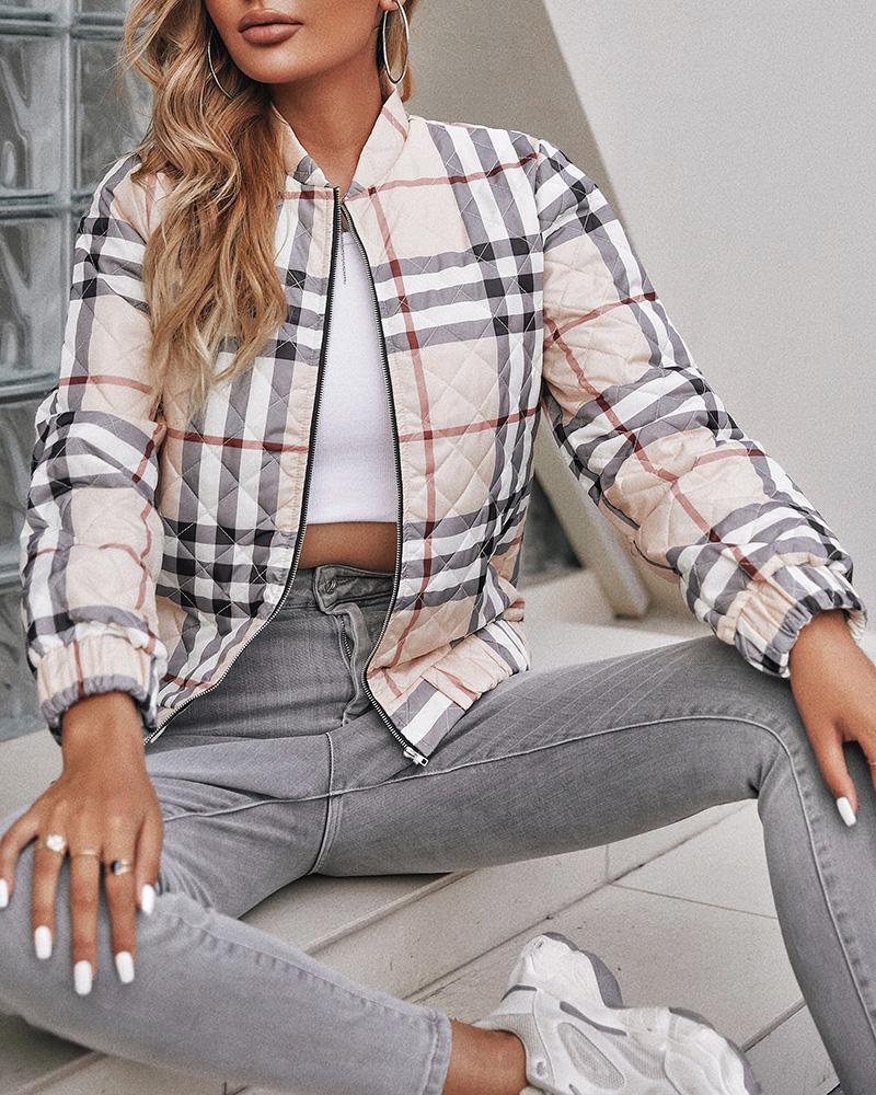

Plaid Print Long Sleeve Zipper Up Puffer Jacket, Style1