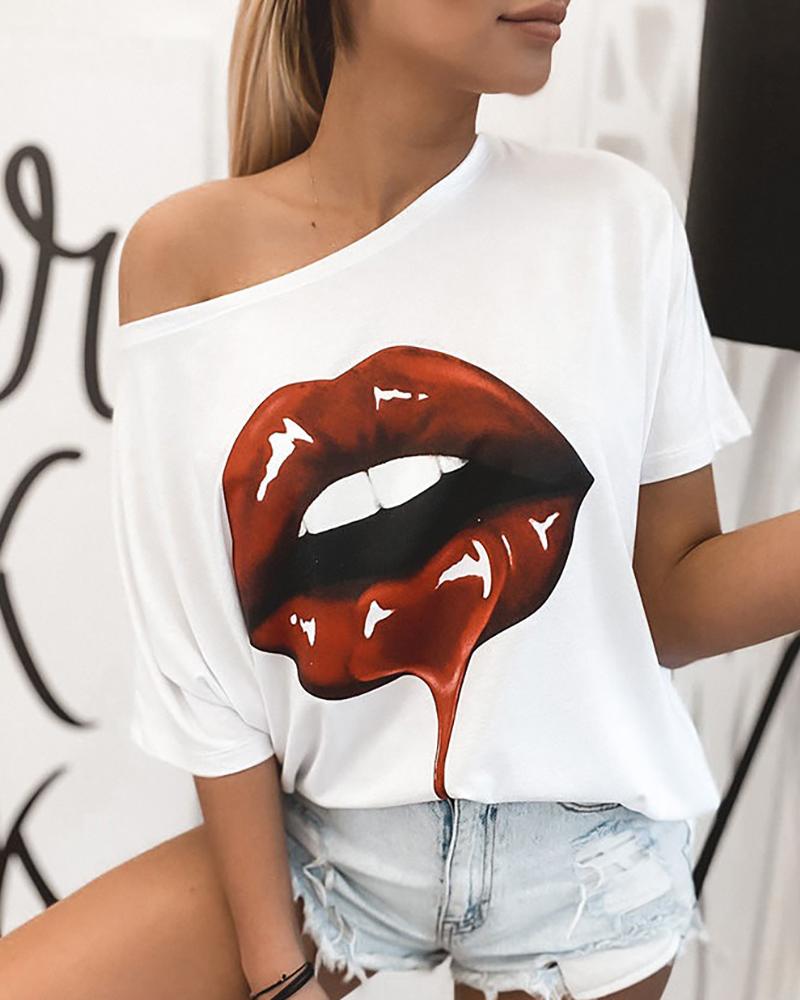

Short Sleeve Lip Print Casual T-shirt, White