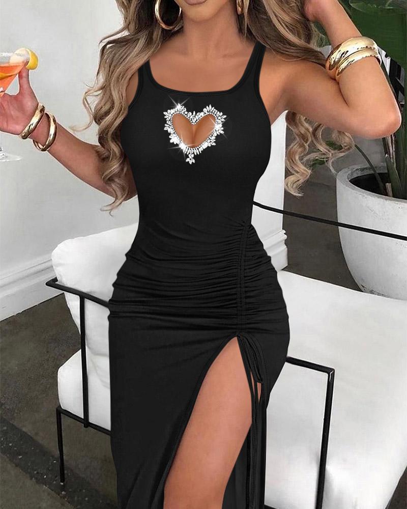 

Rhinestone Hollow Heart High Slit Ruched Party Dress, Black