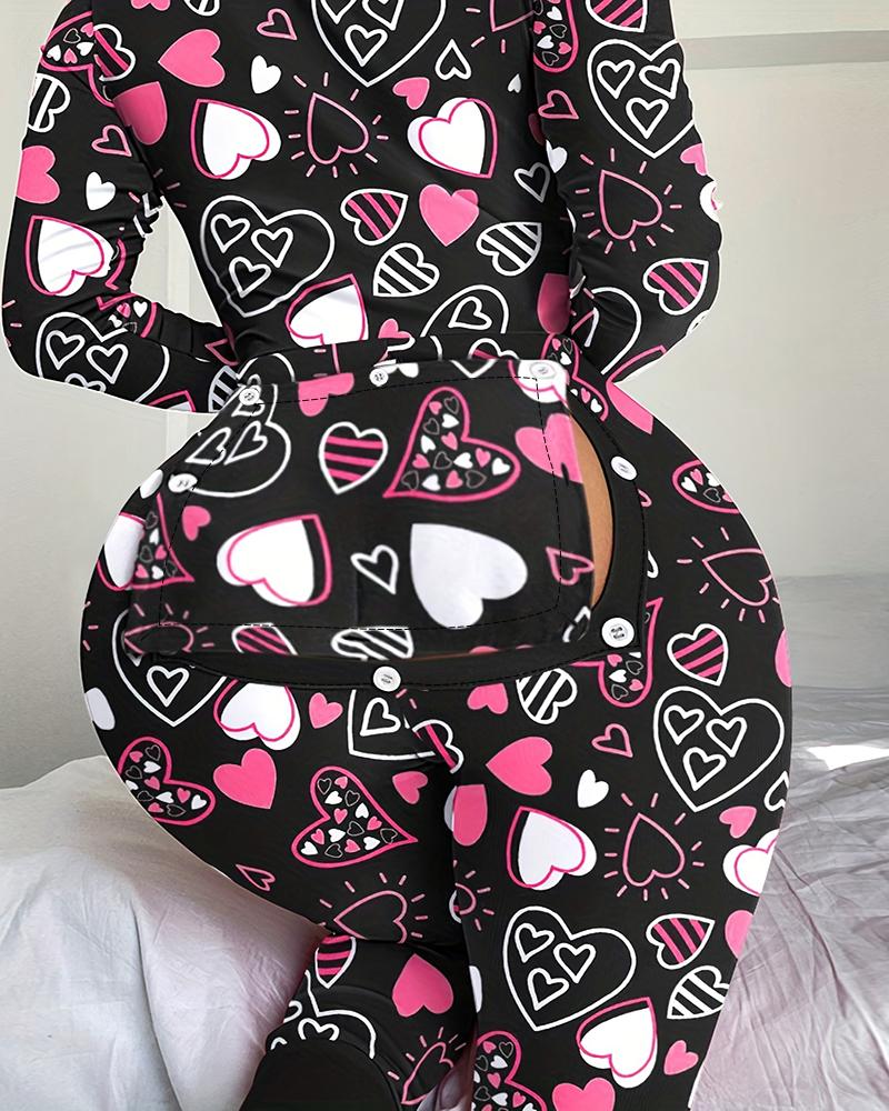 

Heart Print Functional Buttoned Flap Sleep Onesie, Black