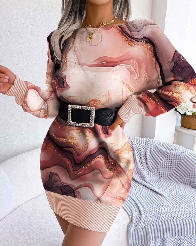 

Marble Print Long Sleeve Dress Without Belt, Multicolor
