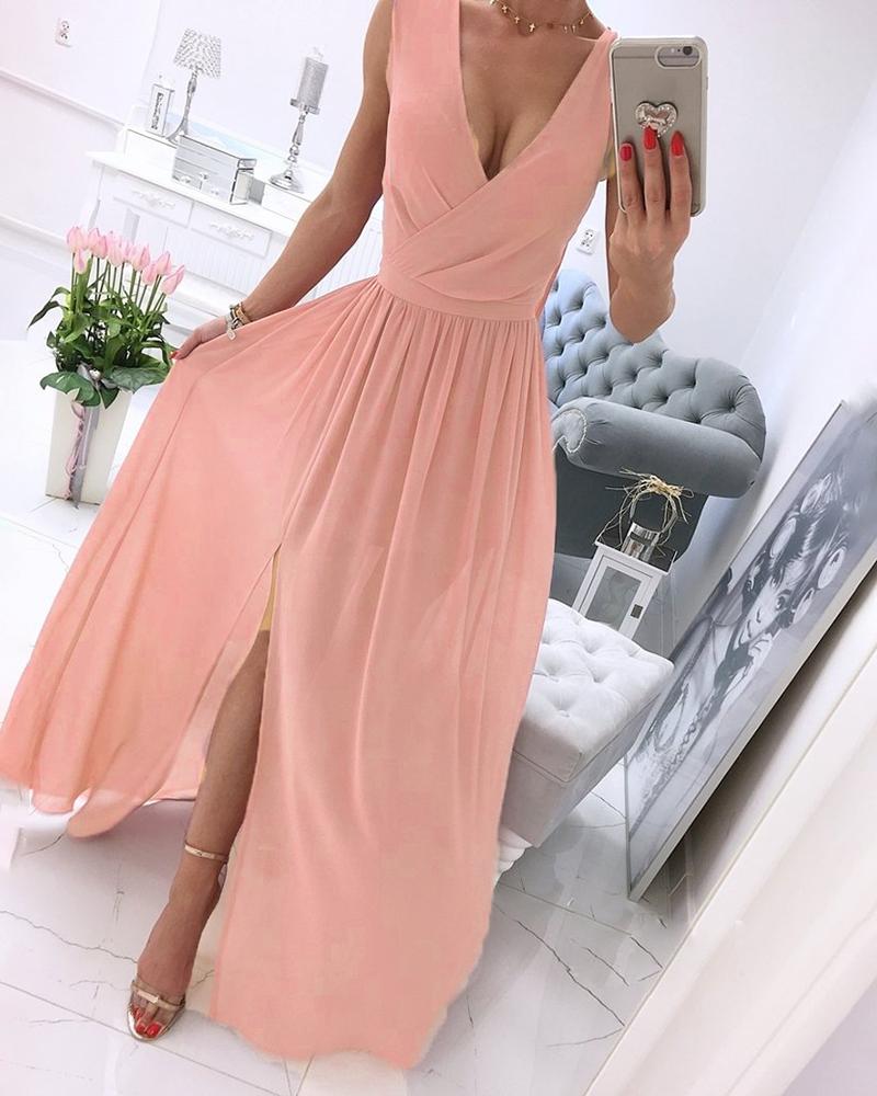 

High Slit Plunge Sleeveless Evening Dresses, Pink
