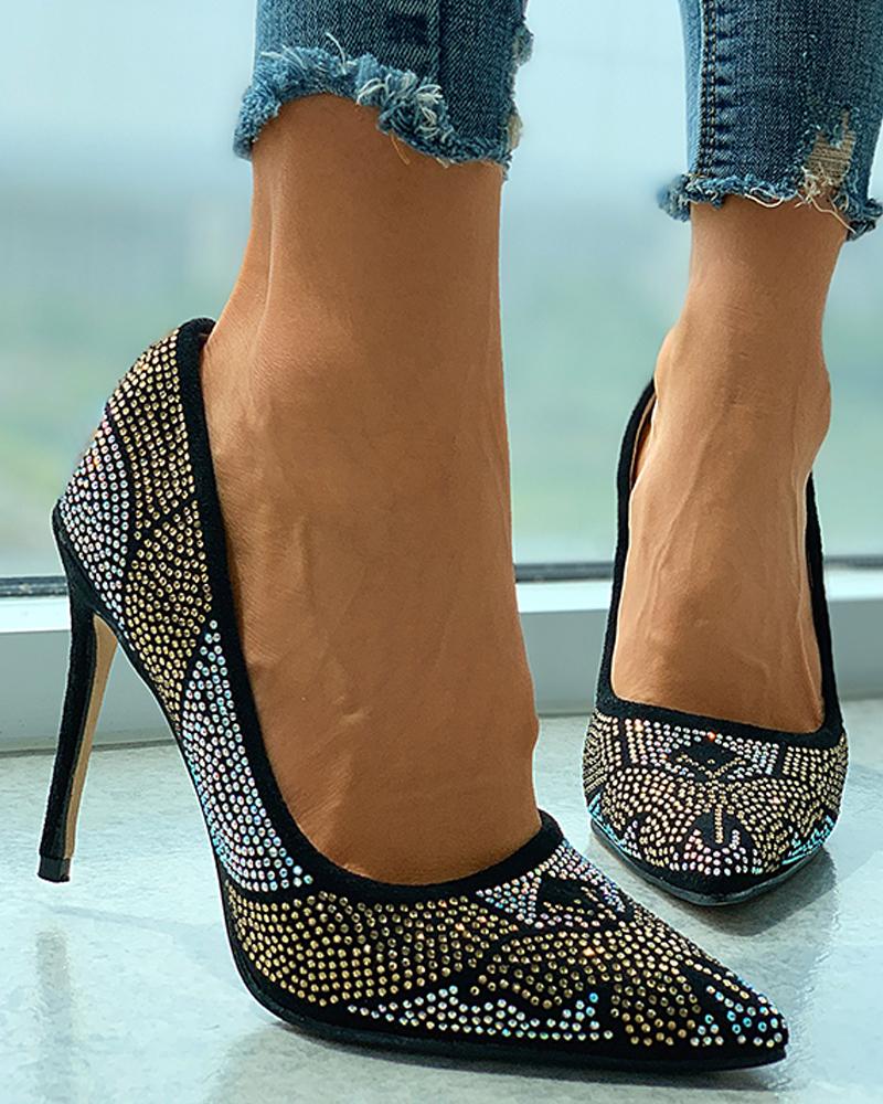

Studded Pointed Toe Stiletto Heels, Black