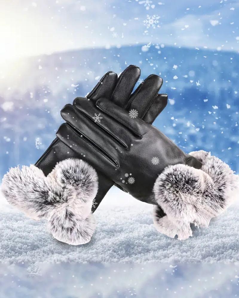 

1Pair Outdoor Driving Warm Faux Rabbit Fur PU Leather Touch Screen Mittens Winter Snow Protection Gloves, Black