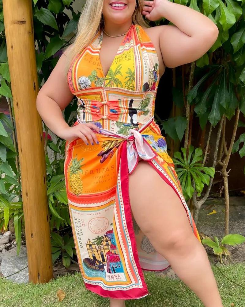 

2PCS Plus Size Tropical Print Halter O-Ring Decor One Piece Swimsuit With Cover Up, Orange