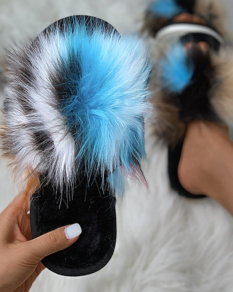 

Colorblock Fluffy Peep Toe Slipper, Light blue