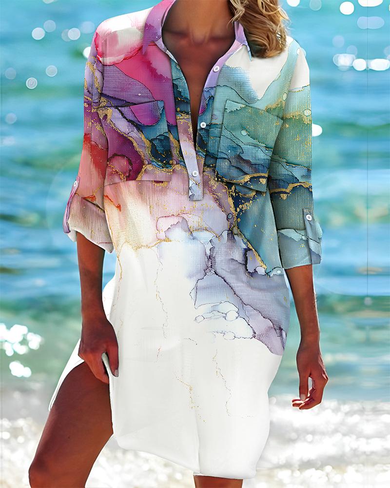 

Marble Print Roll Up Sleeve Shirt Dress, White