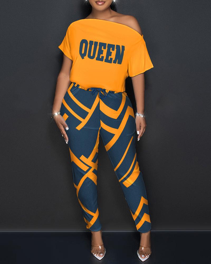 

Queen Geometric Print Skew Neck Jumpsuit, Yellow