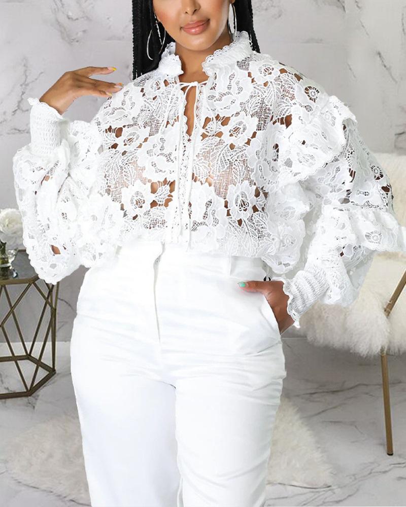 

Lantern Sleeve Crochet Lace Shirt, White