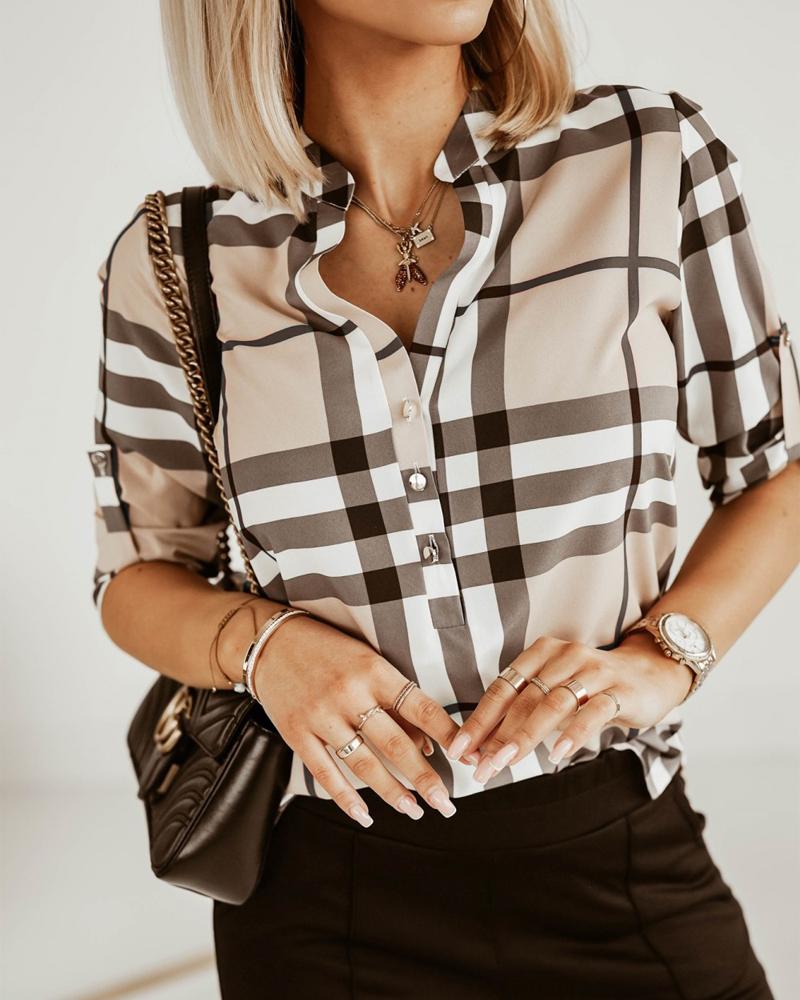 

Plaid Print Roll Up Sleeve Button Front Top, Style1