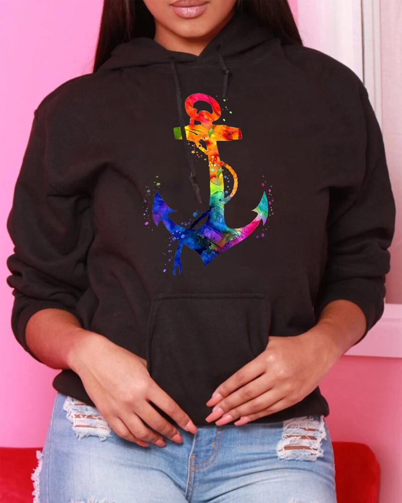 

Plus Size Anchor Print Long Sleeve Hoodie, Black