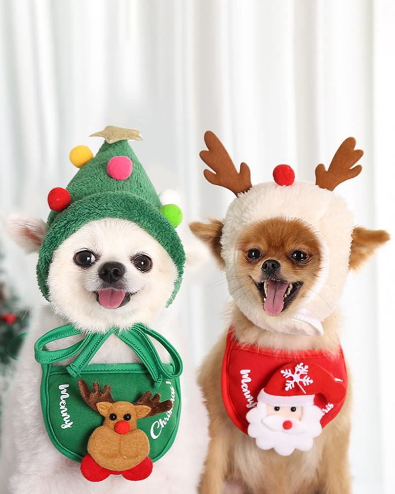 

Christmas Tree Deer Shape Pet Hat Saliva Towel Set, Green