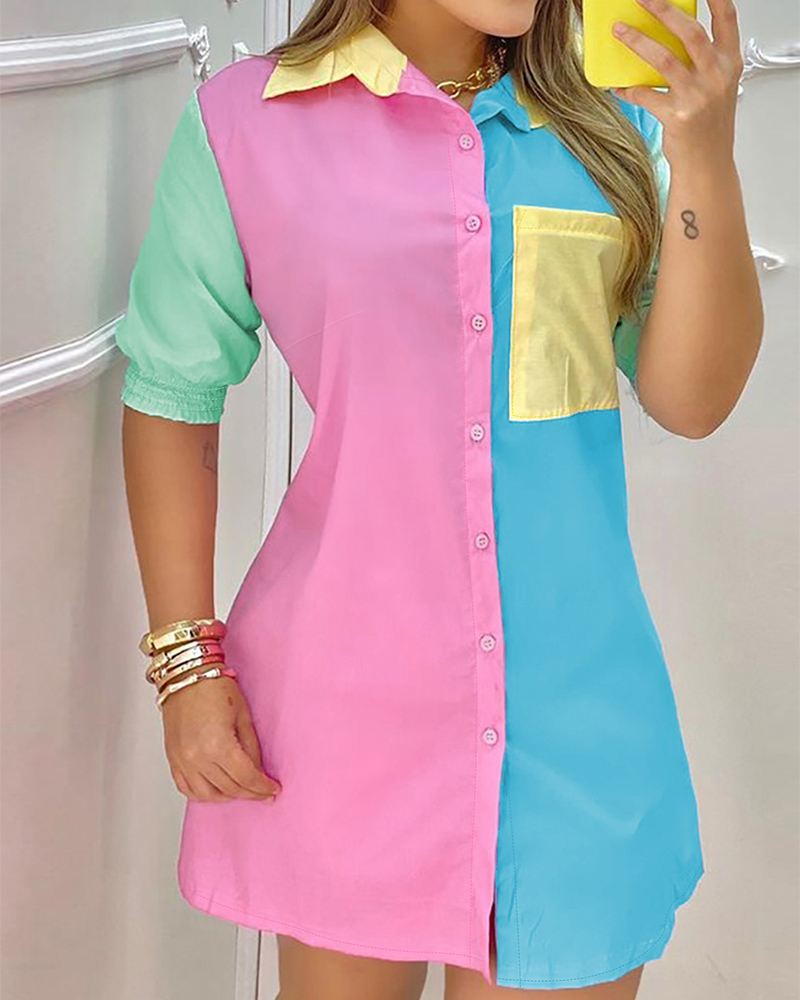 Button Front Pocket Design Colorblock Shirt Dress