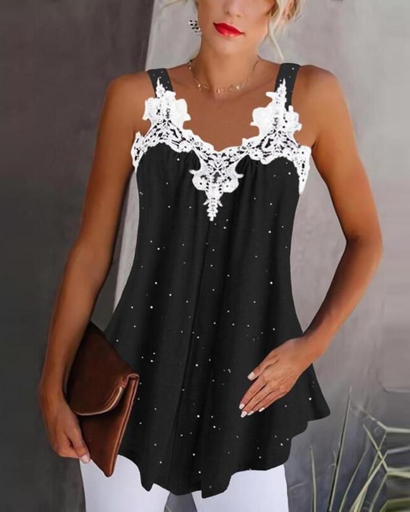 

Contrast Lace Flowy Tank Top, Black