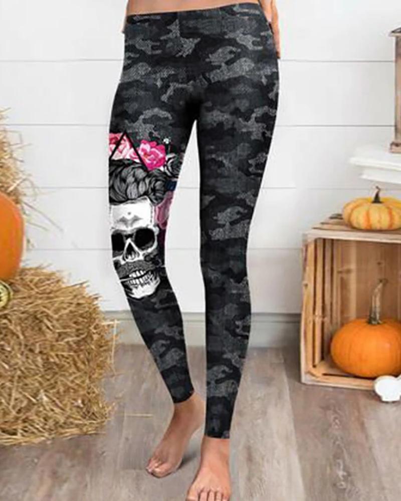 

Halloween Skull Floral Print Camouflage Pants, Dark grey