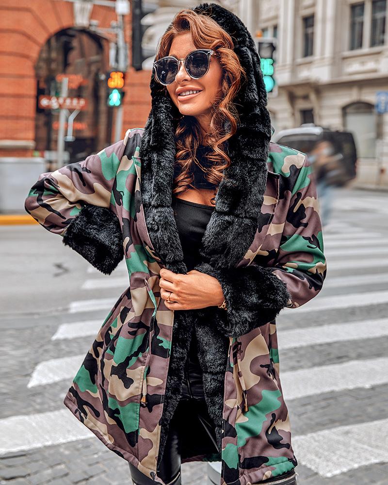 

Camouflage / Plain Faux Fur Patch Hooded Parka Coat, Army green