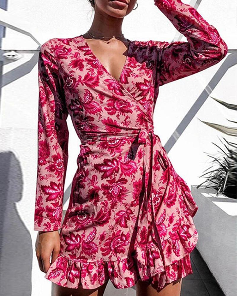 

Floral Print Long Sleeve Lace-up Waist Dress, Red