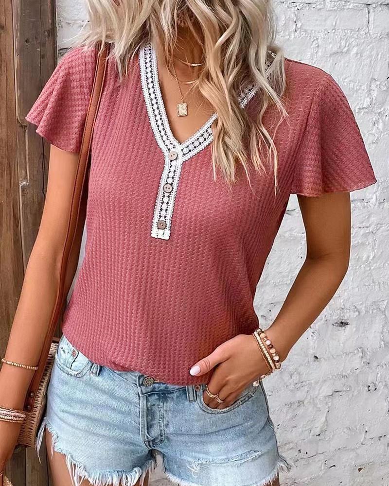 

Contrast Lace Short Sleeve Casual T-shirt, Pink